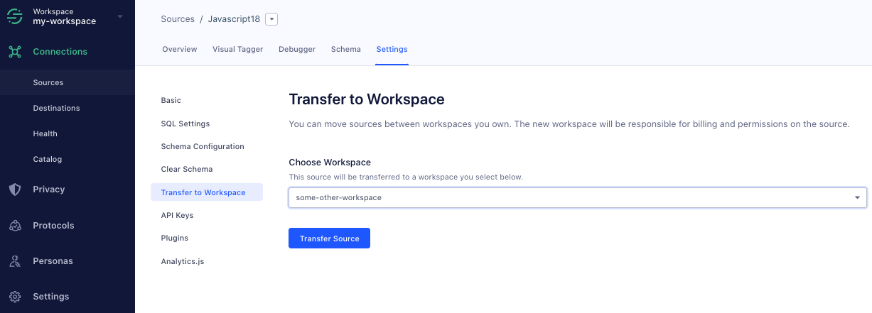 Transferring a source Image of the Transfer to Workspace tab in Segment's platform